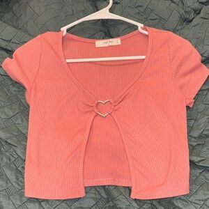 Pink Ribbed Crop Top with Heart Detail